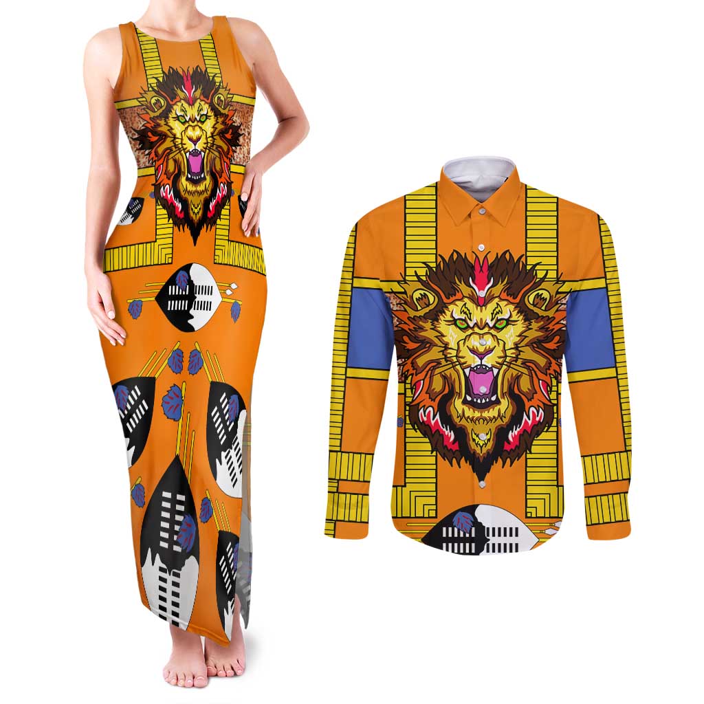 Swaziland Couples Matching Tank Maxi Dress and Long Sleeve Button Shirt Lion Shield and Leopard Print Tribal Design