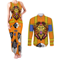 Swaziland Couples Matching Tank Maxi Dress and Long Sleeve Button Shirt Lion Shield and Leopard Print Tribal Design