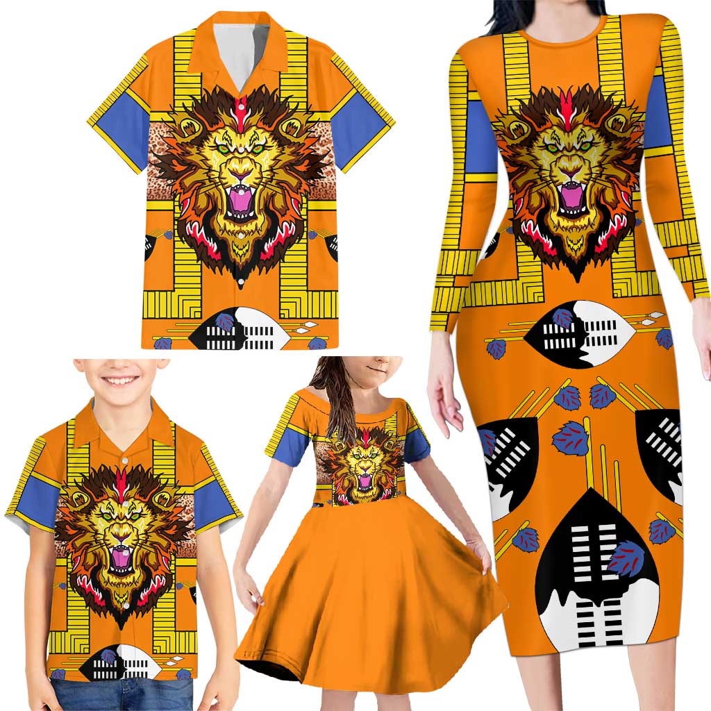 Swaziland Family Matching Long Sleeve Bodycon Dress and Hawaiian Shirt Lion Shield and Leopard Print Tribal Design