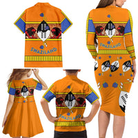 Swaziland Family Matching Long Sleeve Bodycon Dress and Hawaiian Shirt Lion Shield and Leopard Print Tribal Design