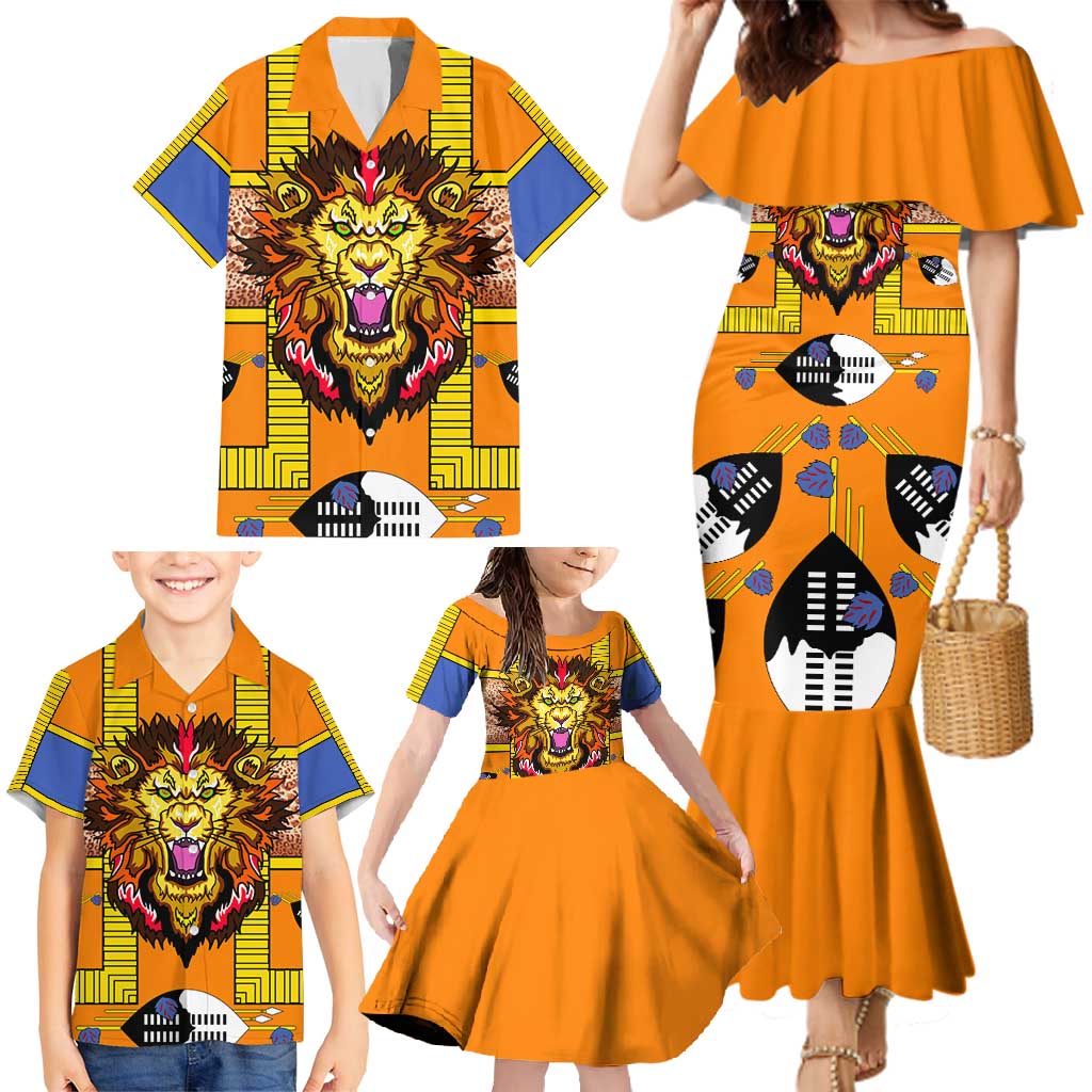 Swaziland Family Matching Mermaid Dress and Hawaiian Shirt Lion Shield and Leopard Print Tribal Design