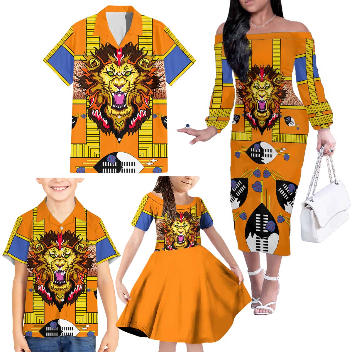 Swaziland Family Matching Off The Shoulder Long Sleeve Dress and Hawaiian Shirt Lion Shield and Leopard Print Tribal Design