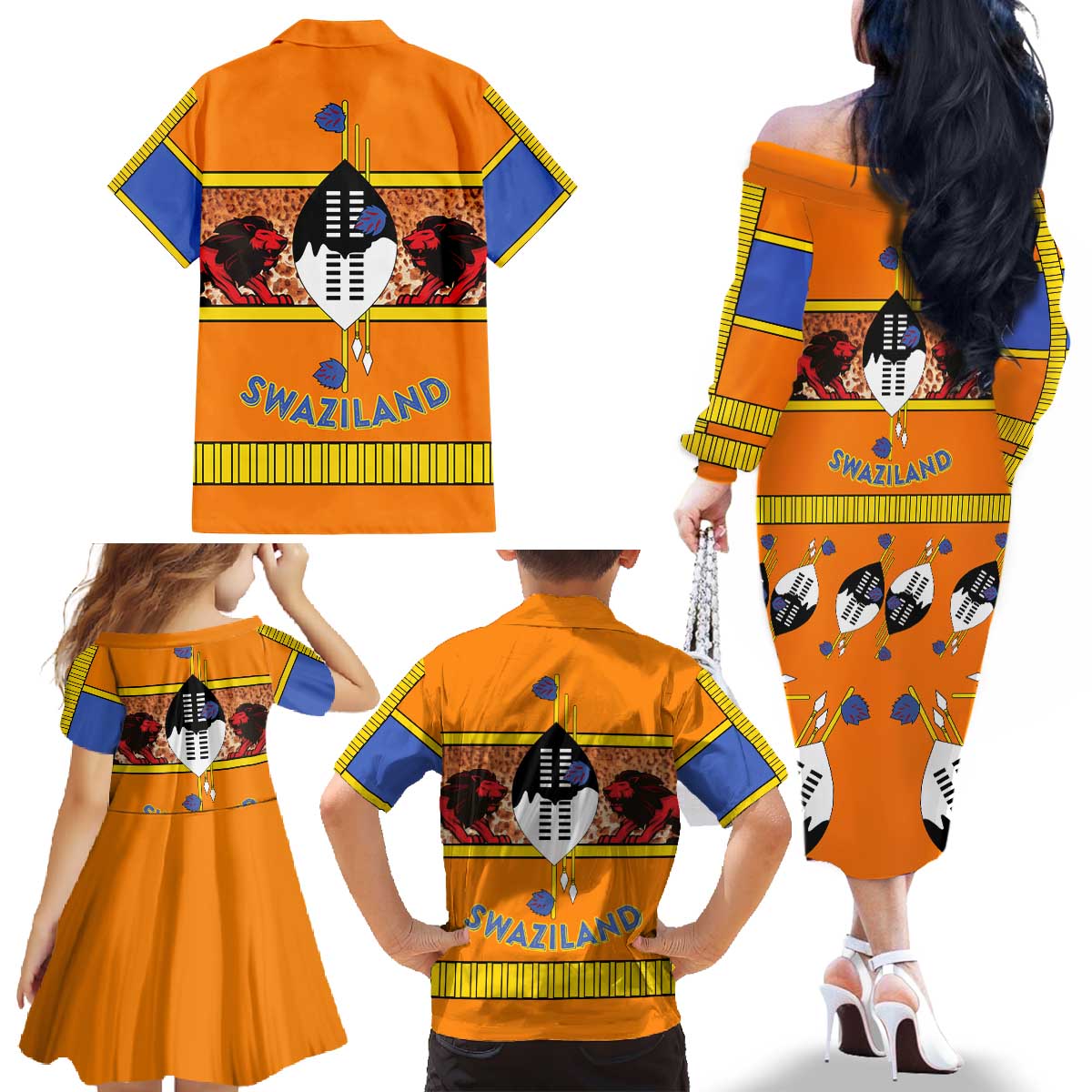 Swaziland Family Matching Off The Shoulder Long Sleeve Dress and Hawaiian Shirt Lion Shield and Leopard Print Tribal Design