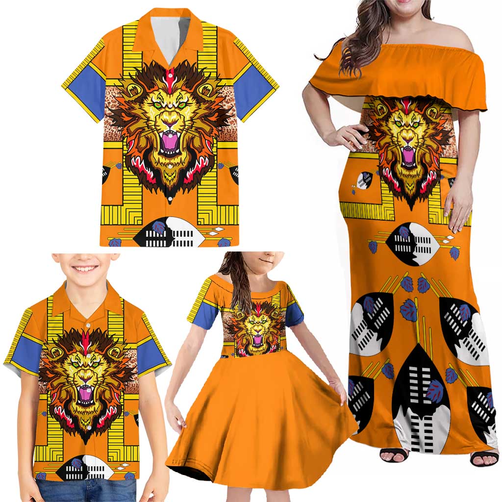 Swaziland Family Matching Off Shoulder Maxi Dress and Hawaiian Shirt Lion Shield and Leopard Print Tribal Design