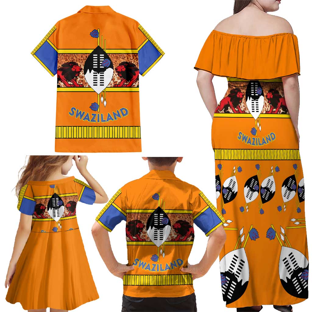 Swaziland Family Matching Off Shoulder Maxi Dress and Hawaiian Shirt Lion Shield and Leopard Print Tribal Design