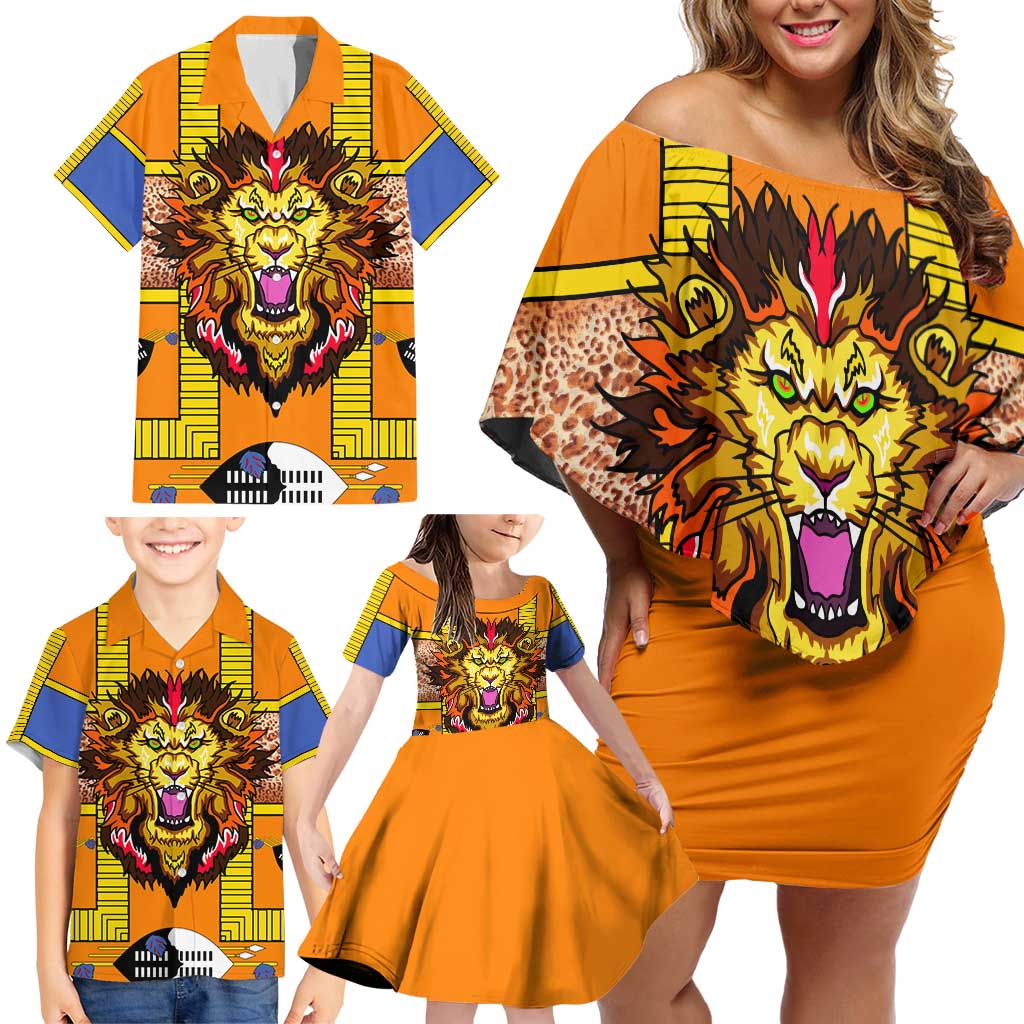 Swaziland Family Matching Off Shoulder Short Dress and Hawaiian Shirt Lion Shield and Leopard Print Tribal Design