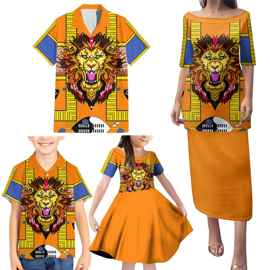 Swaziland Family Matching Puletasi and Hawaiian Shirt Lion Shield and Leopard Print Tribal Design