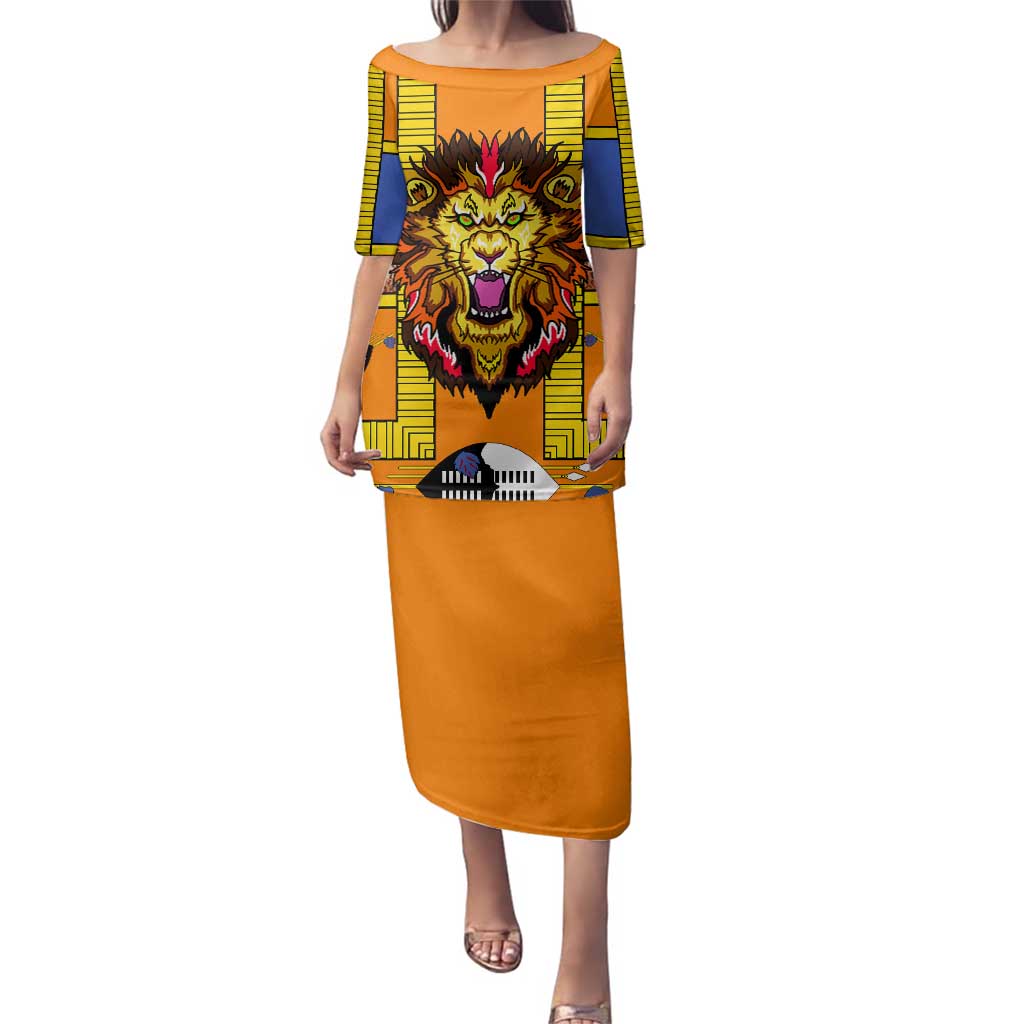 Swaziland Family Matching Puletasi and Hawaiian Shirt Lion Shield and Leopard Print Tribal Design