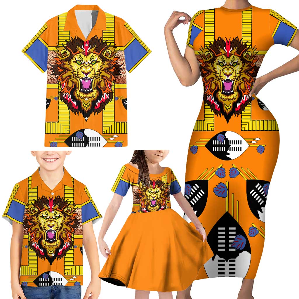 Swaziland Family Matching Short Sleeve Bodycon Dress and Hawaiian Shirt Lion Shield and Leopard Print Tribal Design
