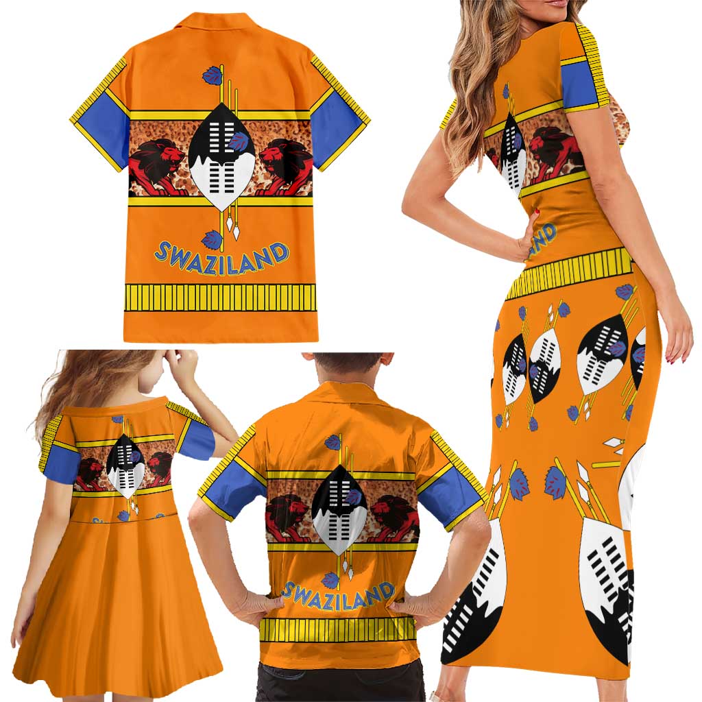 Swaziland Family Matching Short Sleeve Bodycon Dress and Hawaiian Shirt Lion Shield and Leopard Print Tribal Design