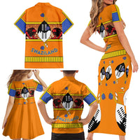 Swaziland Family Matching Short Sleeve Bodycon Dress and Hawaiian Shirt Lion Shield and Leopard Print Tribal Design