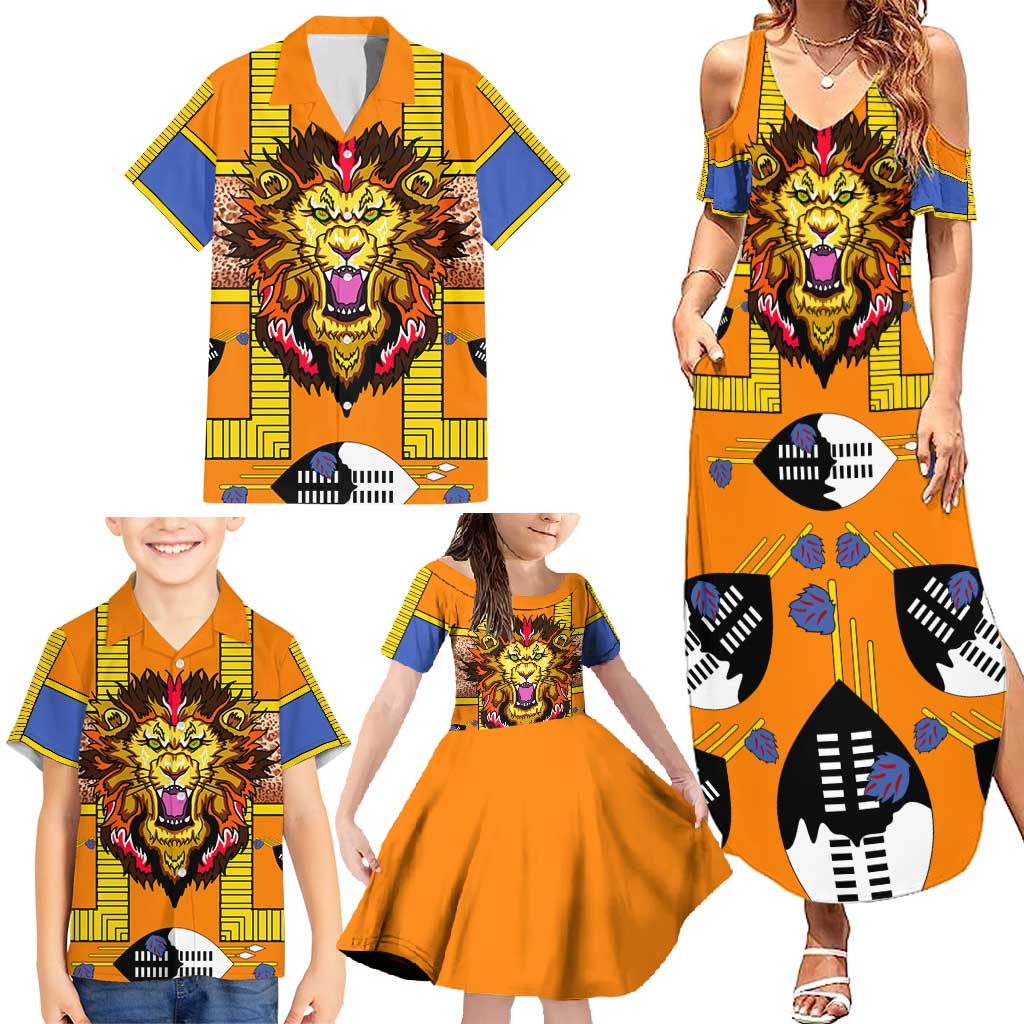 Swaziland Family Matching Summer Maxi Dress and Hawaiian Shirt Lion Shield and Leopard Print Tribal Design