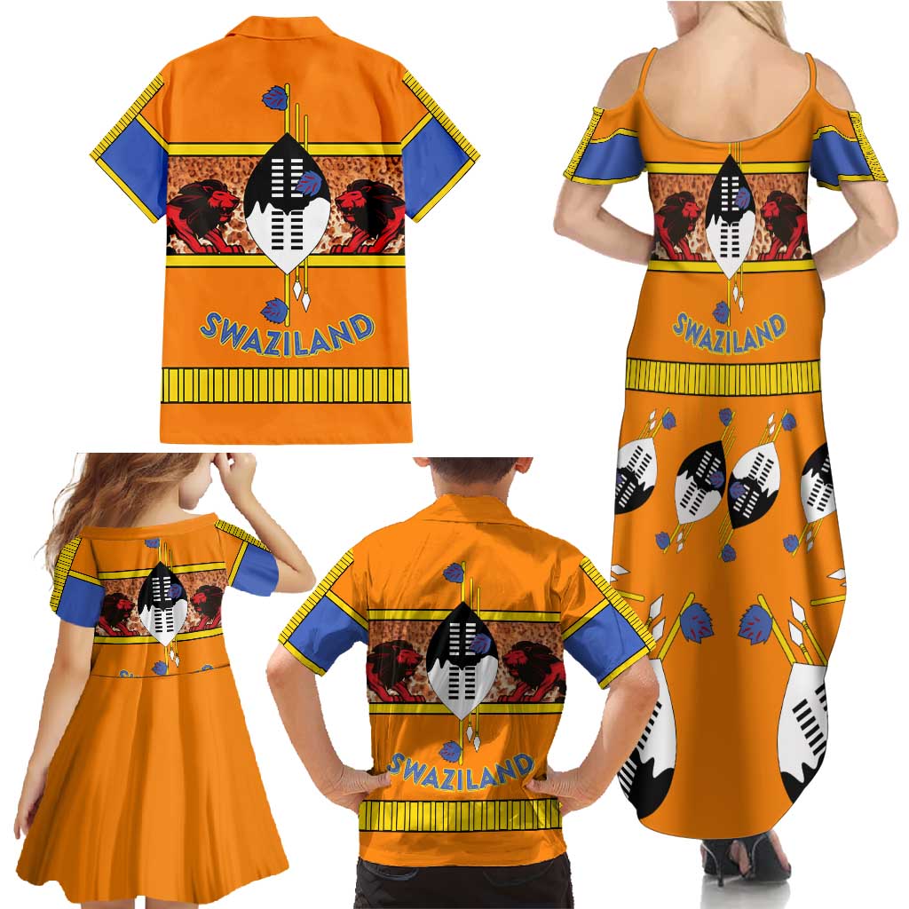 Swaziland Family Matching Summer Maxi Dress and Hawaiian Shirt Lion Shield and Leopard Print Tribal Design