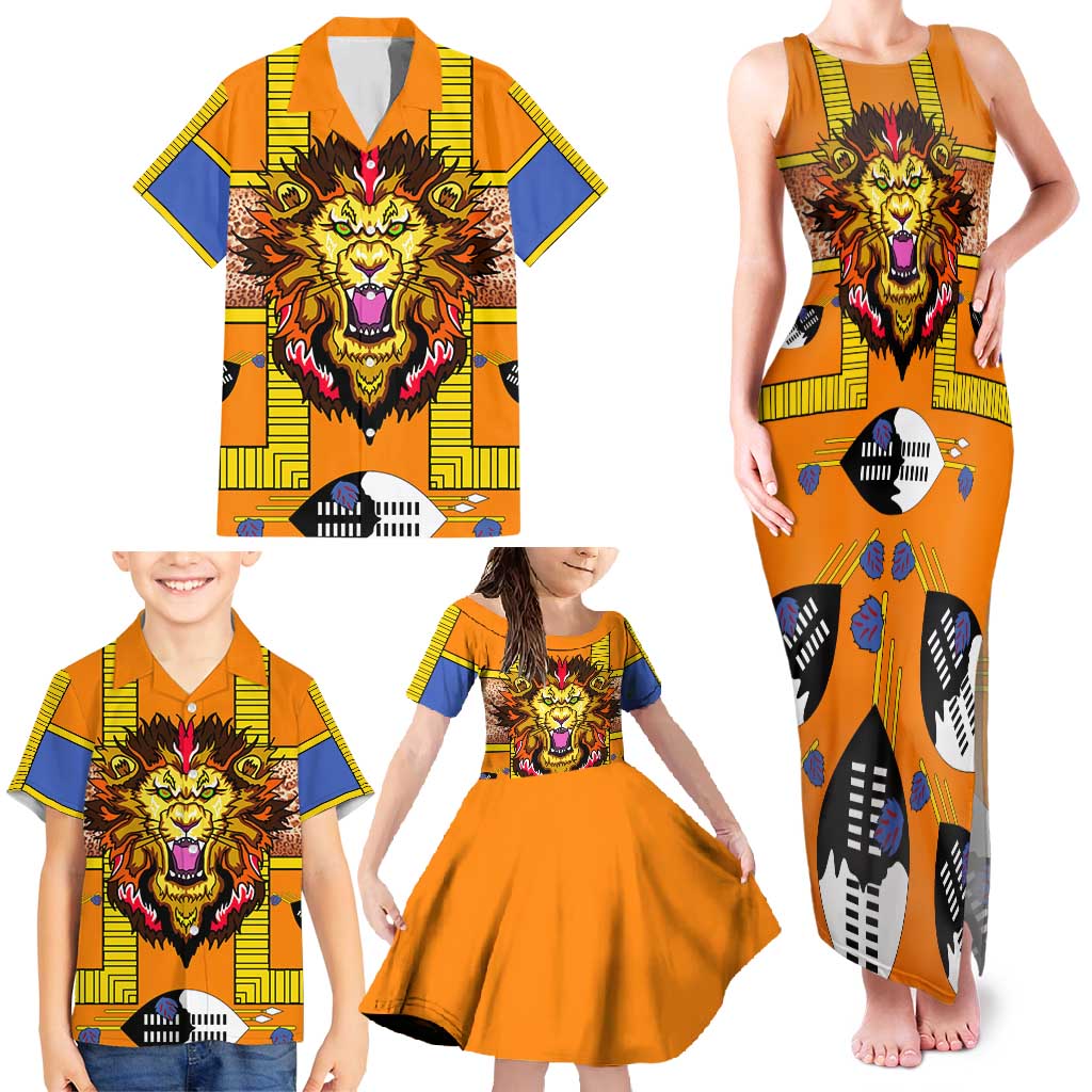Swaziland Family Matching Tank Maxi Dress and Hawaiian Shirt Lion Shield and Leopard Print Tribal Design