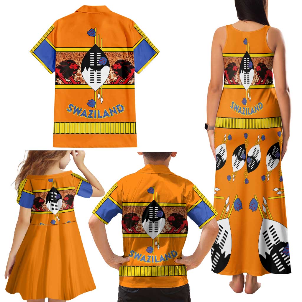 Swaziland Family Matching Tank Maxi Dress and Hawaiian Shirt Lion Shield and Leopard Print Tribal Design