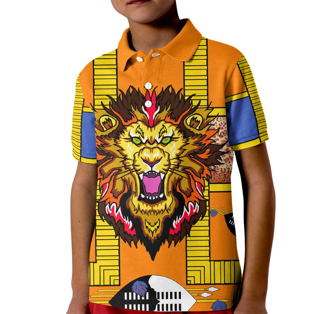 Swaziland Kid Polo Shirt Lion Shield and Leopard Print Tribal Design