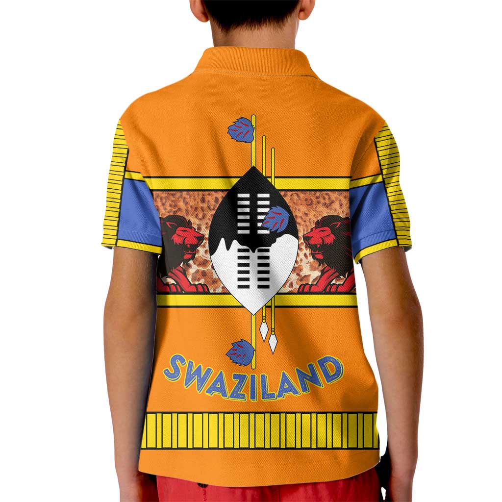 Swaziland Kid Polo Shirt Lion Shield and Leopard Print Tribal Design