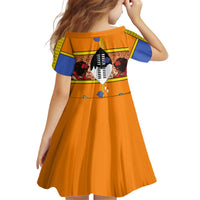 Swaziland Kid Short Sleeve Dress Lion Shield and Leopard Print Tribal Design