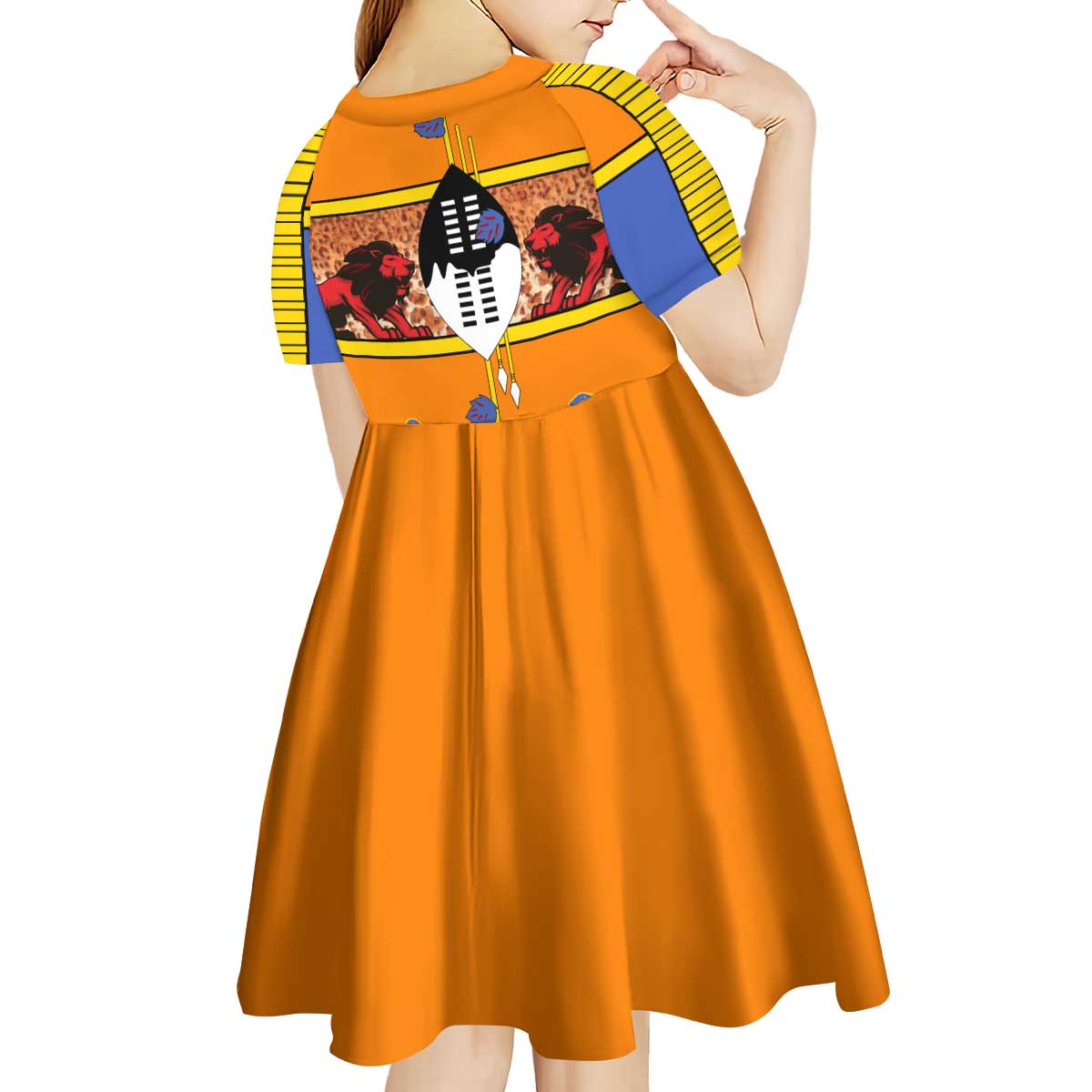 Swaziland Kid Short Sleeve Dress Lion Shield and Leopard Print Tribal Design