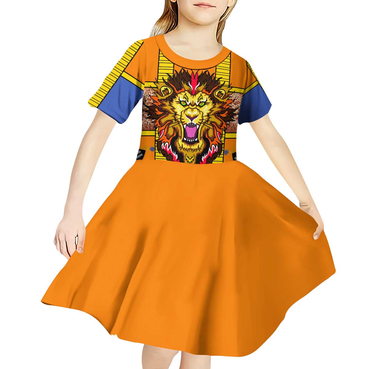 Swaziland Kid Short Sleeve Dress Lion Shield and Leopard Print Tribal Design