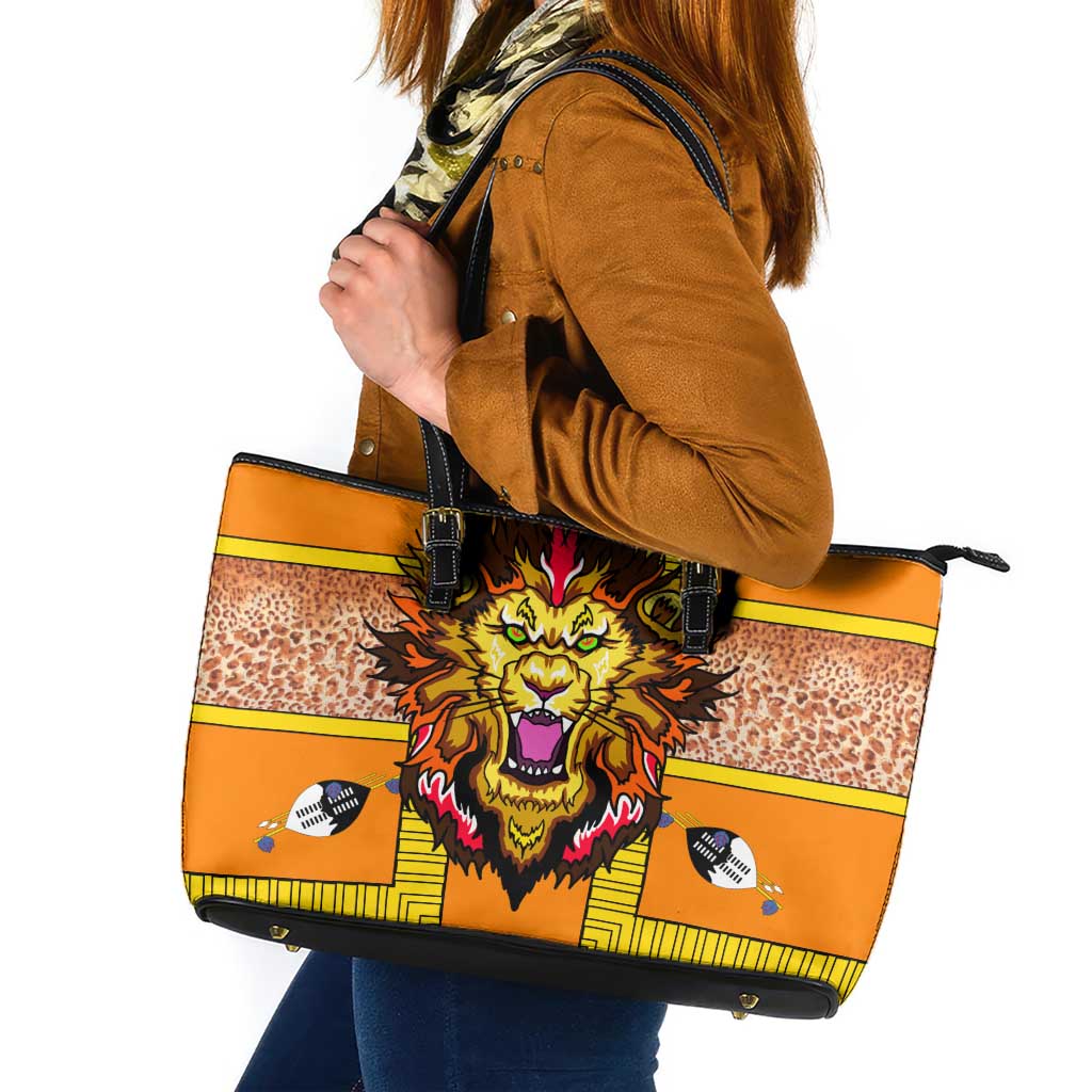 Swaziland Leather Tote Bag Lion Shield and Leopard Print Tribal Design