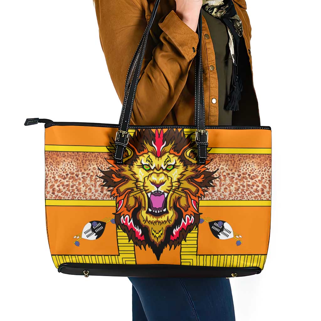 Swaziland Leather Tote Bag Lion Shield and Leopard Print Tribal Design