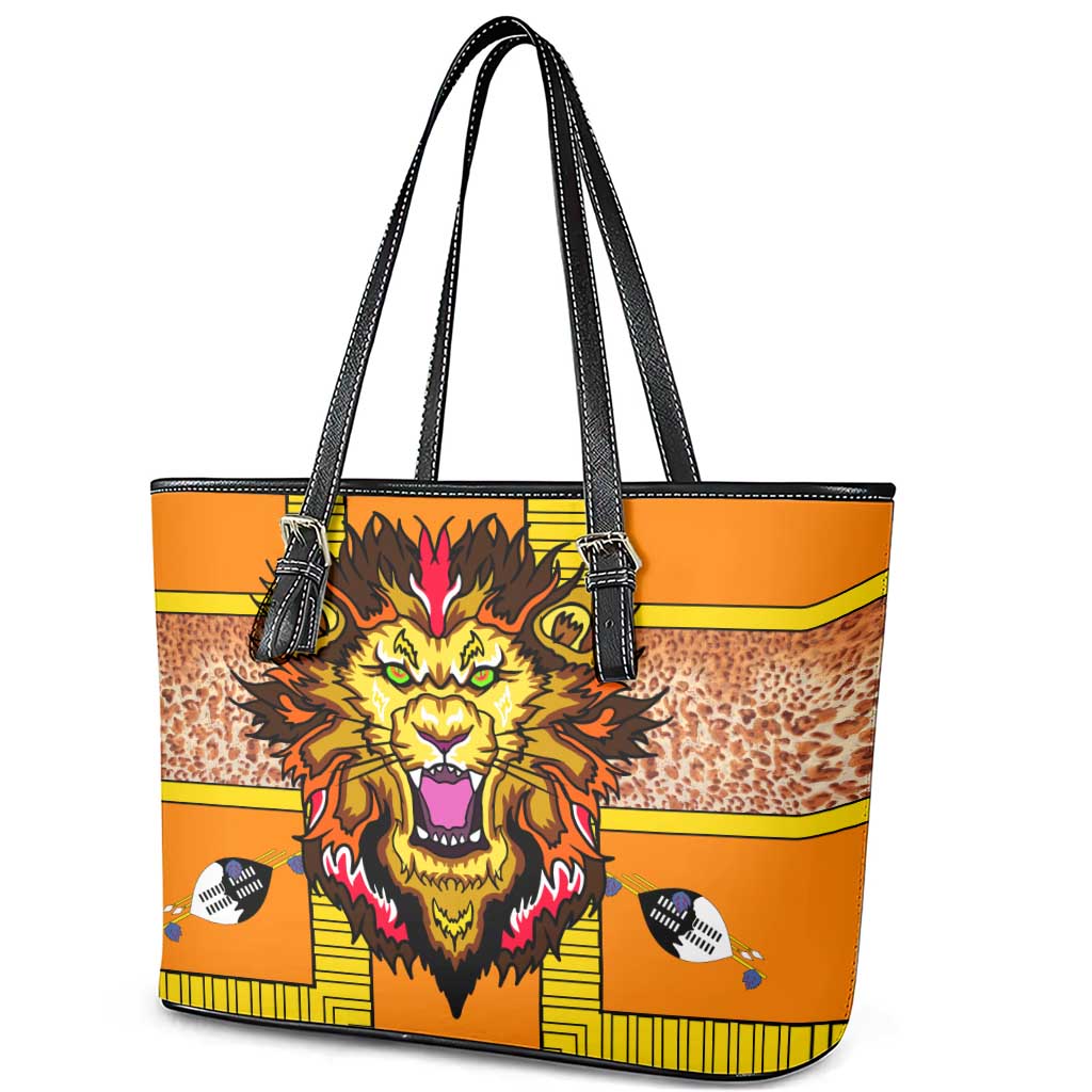 Swaziland Leather Tote Bag Lion Shield and Leopard Print Tribal Design