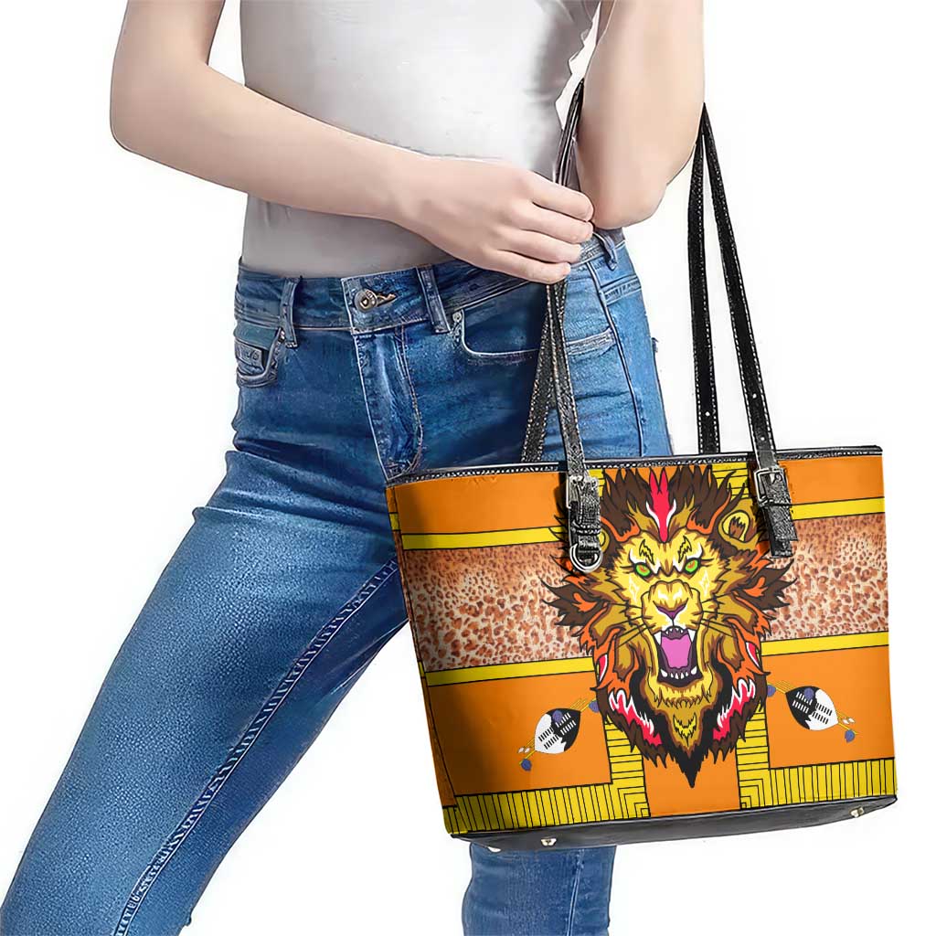 Swaziland Leather Tote Bag Lion Shield and Leopard Print Tribal Design