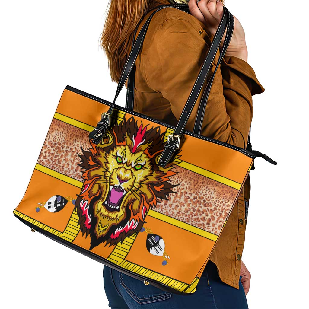 Swaziland Leather Tote Bag Lion Shield and Leopard Print Tribal Design