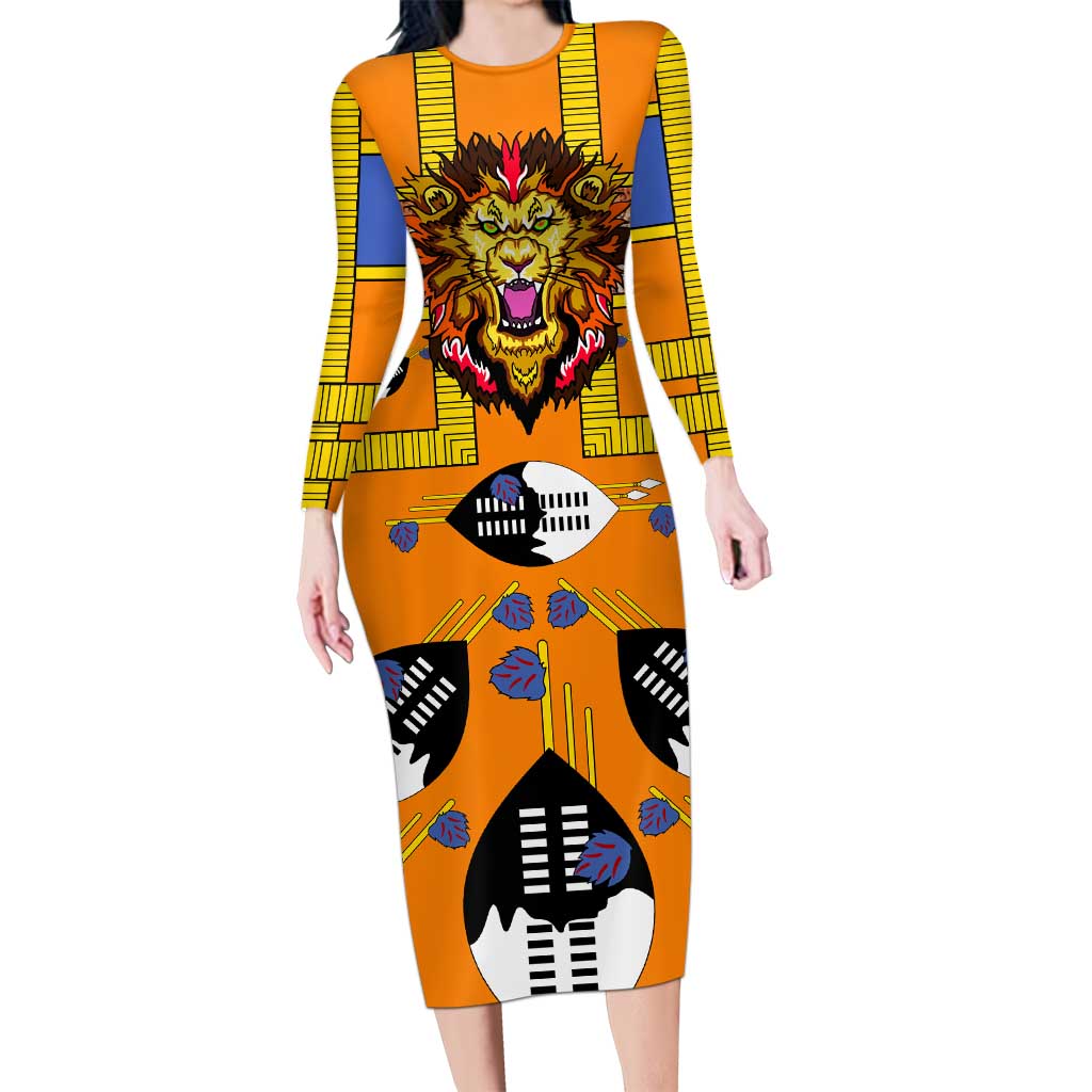 Swaziland Long Sleeve Bodycon Dress Lion Shield and Leopard Print Tribal Design