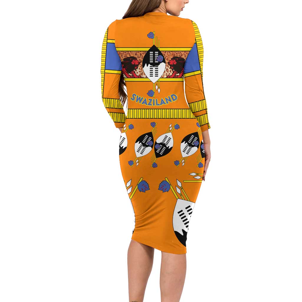 Swaziland Long Sleeve Bodycon Dress Lion Shield and Leopard Print Tribal Design