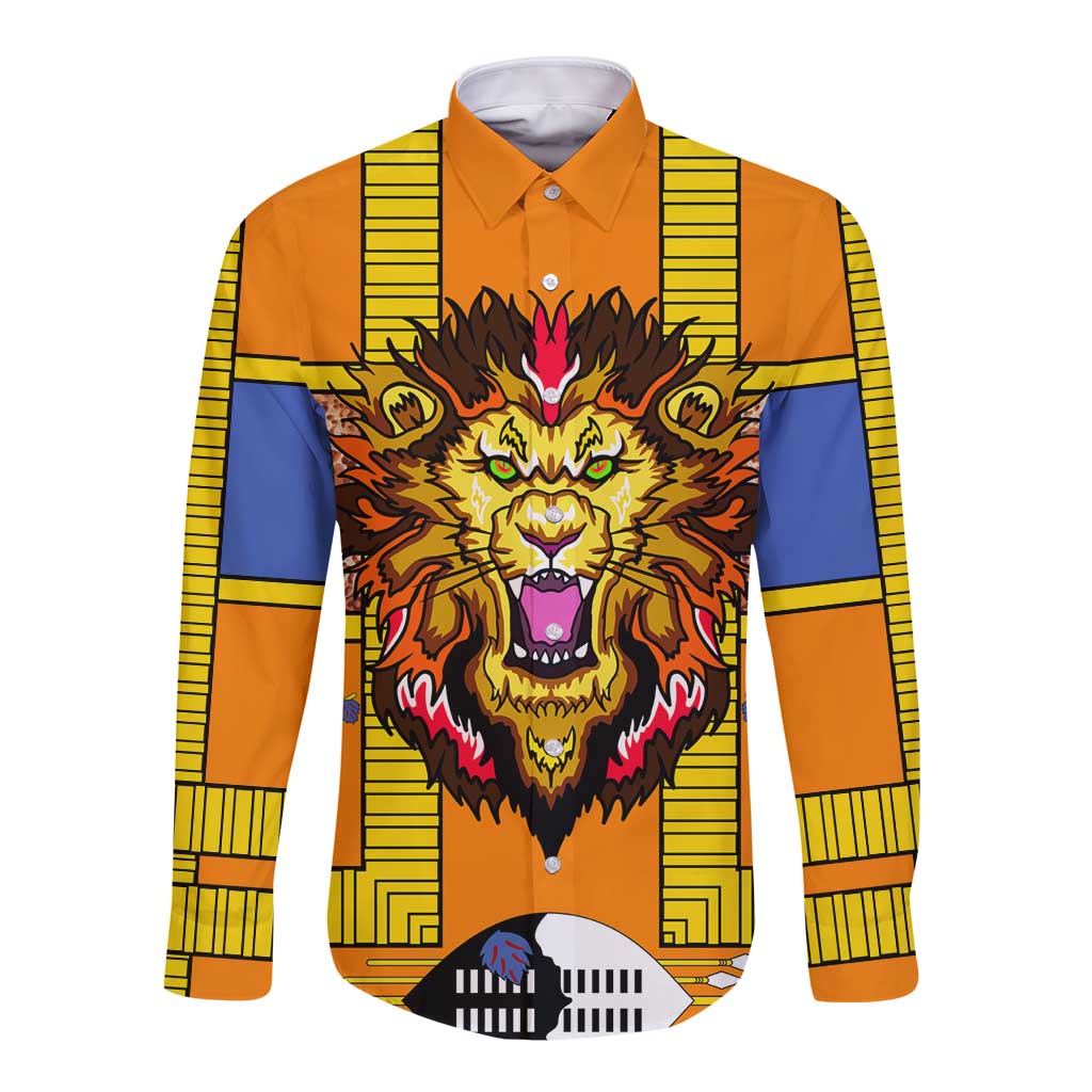 Swaziland Long Sleeve Button Shirt Lion Shield and Leopard Print Tribal Design
