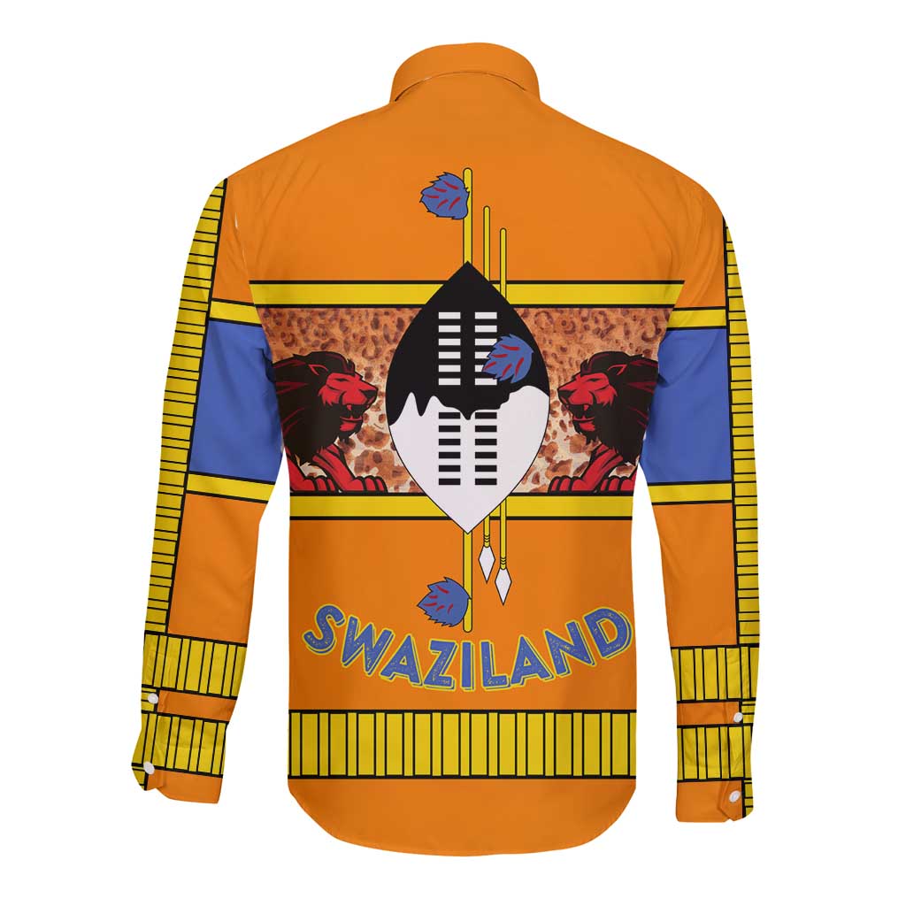 Swaziland Long Sleeve Button Shirt Lion Shield and Leopard Print Tribal Design