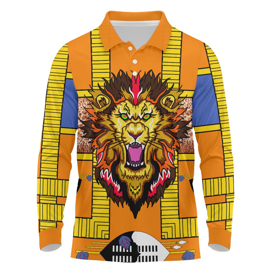 Swaziland Long Sleeve Polo Shirt Lion Shield and Leopard Print Tribal Design