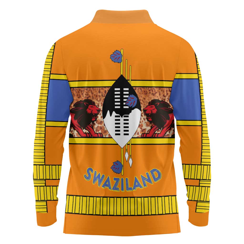 Swaziland Long Sleeve Polo Shirt Lion Shield and Leopard Print Tribal Design