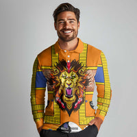 Swaziland Long Sleeve Polo Shirt Lion Shield and Leopard Print Tribal Design