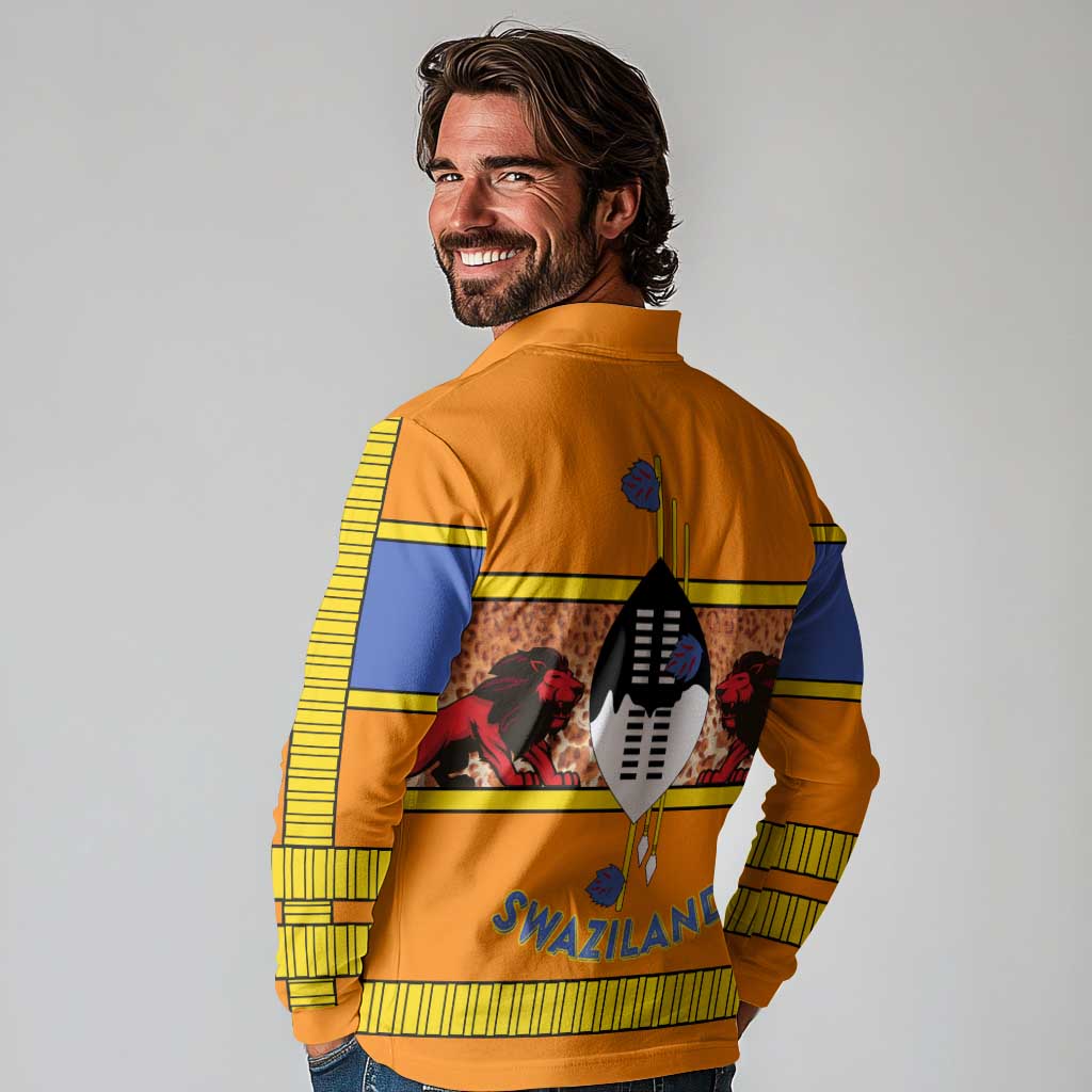 Swaziland Long Sleeve Polo Shirt Lion Shield and Leopard Print Tribal Design