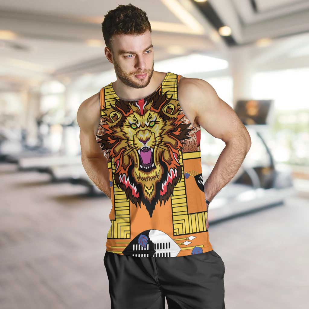 Swaziland Men Tank Top Lion Shield and Leopard Print Tribal Design