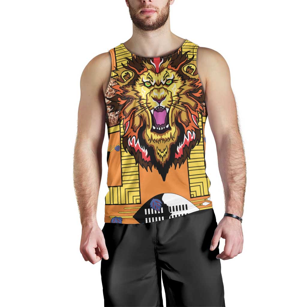 Swaziland Men Tank Top Lion Shield and Leopard Print Tribal Design