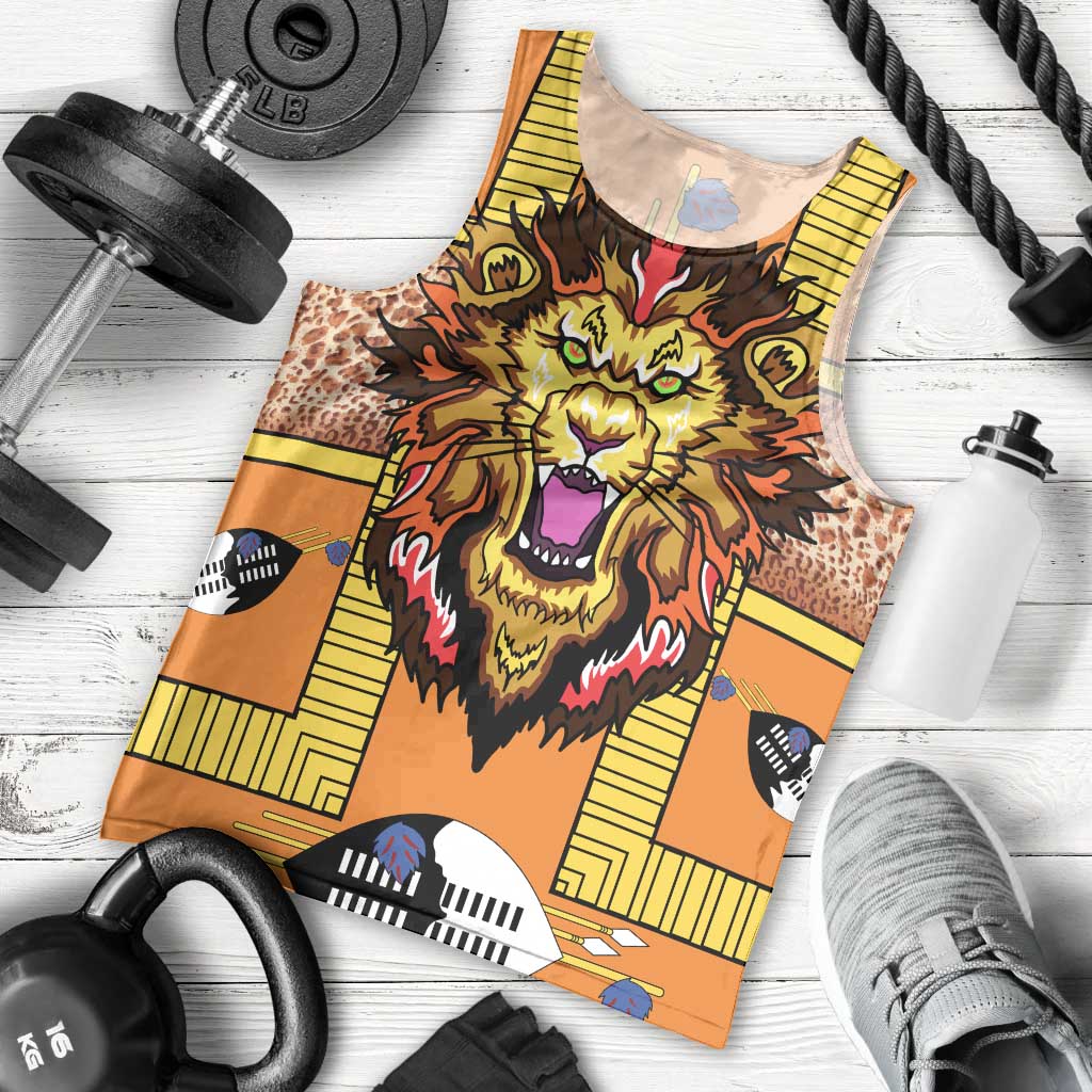Swaziland Men Tank Top Lion Shield and Leopard Print Tribal Design