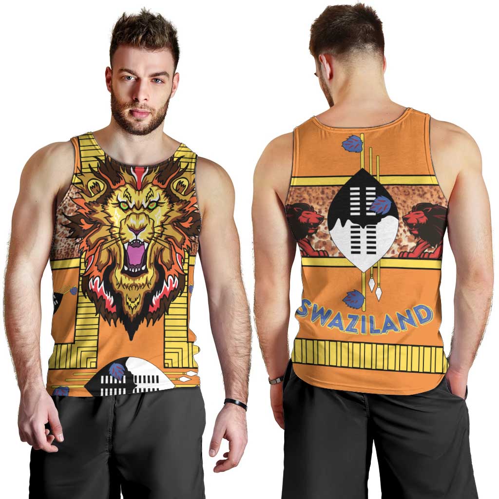 Swaziland Men Tank Top Lion Shield and Leopard Print Tribal Design