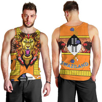 Swaziland Men Tank Top Lion Shield and Leopard Print Tribal Design