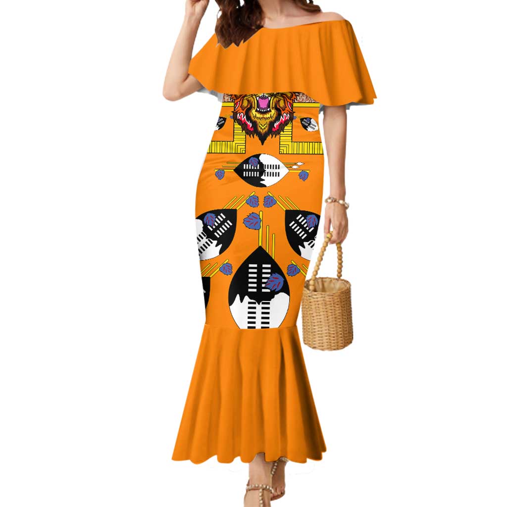 Swaziland Mermaid Dress Lion Shield and Leopard Print Tribal Design