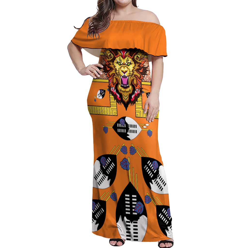 Swaziland Off Shoulder Maxi Dress Lion Shield and Leopard Print Tribal Design