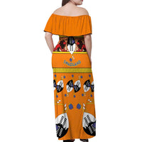 Swaziland Off Shoulder Maxi Dress Lion Shield and Leopard Print Tribal Design