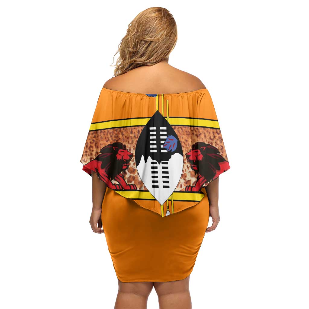 Swaziland Off Shoulder Short Dress Lion Shield and Leopard Print Tribal Design