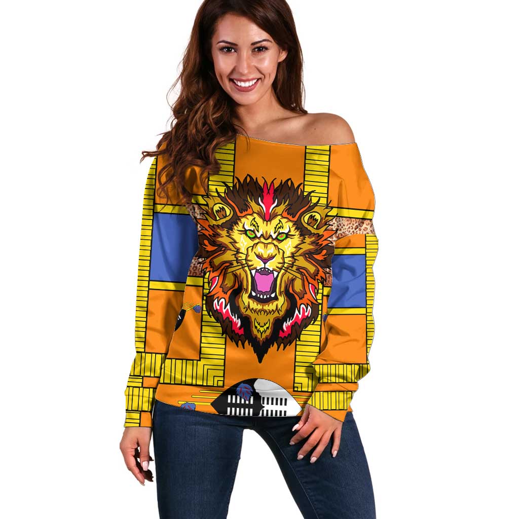 Swaziland Off Shoulder Sweater Lion Shield and Leopard Print Tribal Design