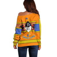 Swaziland Off Shoulder Sweater Lion Shield and Leopard Print Tribal Design