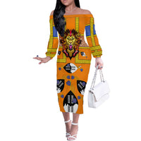 Swaziland Off The Shoulder Long Sleeve Dress Lion Shield and Leopard Print Tribal Design