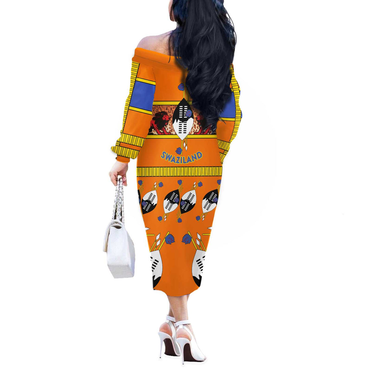 Swaziland Off The Shoulder Long Sleeve Dress Lion Shield and Leopard Print Tribal Design
